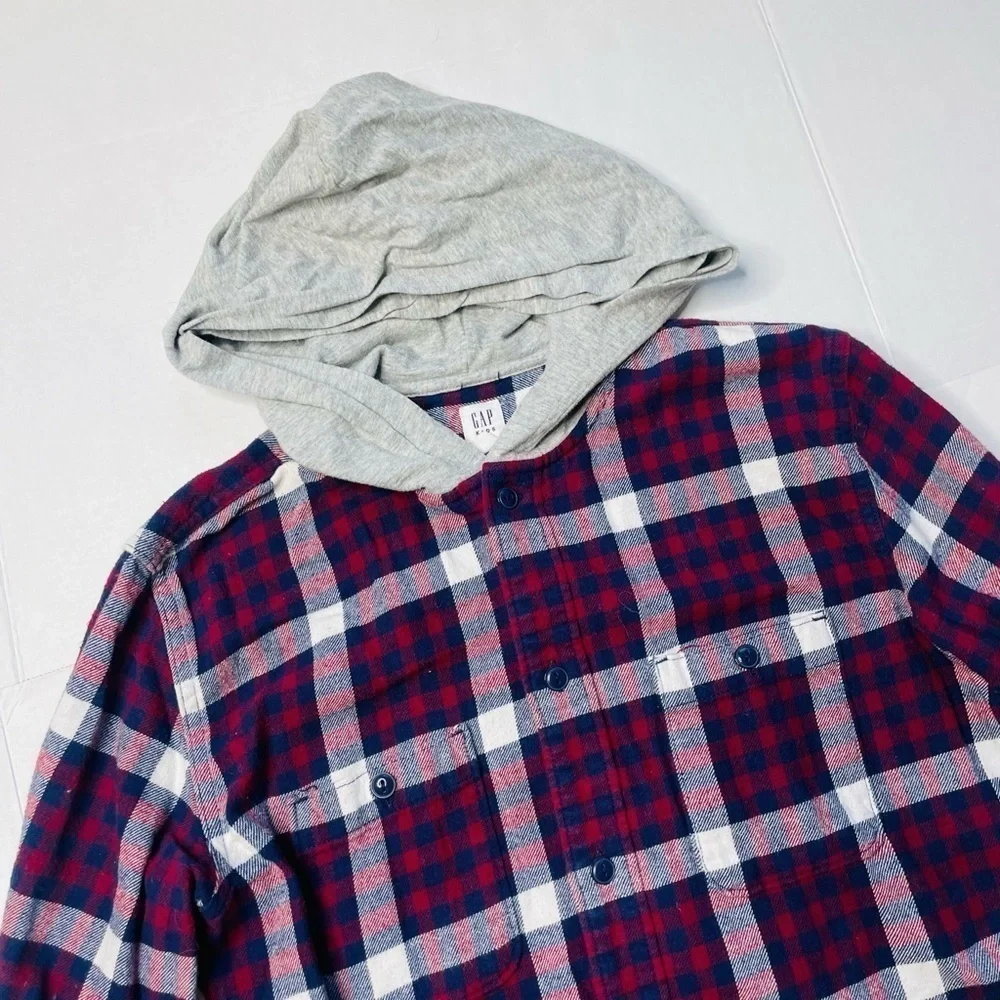 Gap Kids Blue Maroon Plaid Flannel Hooded Long Sleeve Button Up Shirt Size XXL